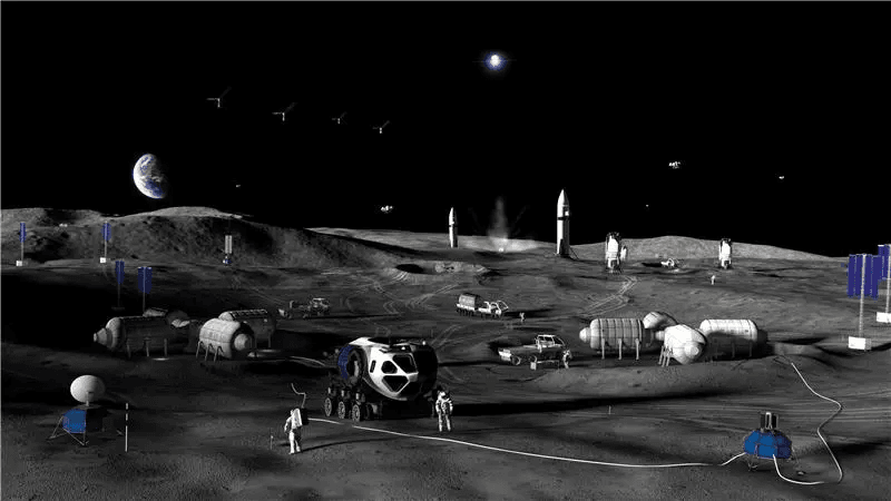 an artist rendition fo the surface of the moon with a distant rocket, few habitation modules, a couple of astronauts, several solar panel and a large rover.