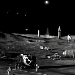 an artist rendition fo the surface of the moon with a distant rocket, few habitation modules, a couple of astronauts, several solar panel and a large rover.
