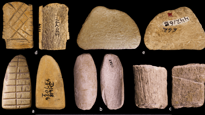 A figure from a research paper showing both sides of five example dice recovered from the Rockies.