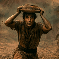 ai generated image of man trying to escape pompeii, with a photo of the human remains on the right