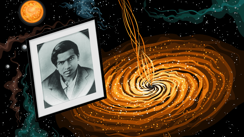 portrait of Srinivasa Ramanujan on the left and slightly slanted, over a background illustrating a black hole in orange with other green and brown wavy lines and a yellow planet or star in the distance
