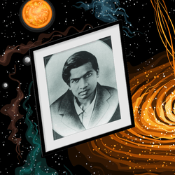 portrait of Srinivasa Ramanujan on the left and slightly slanted, over a background illustrating a black hole in orange with other green and brown wavy lines and a yellow planet or star in the distance
