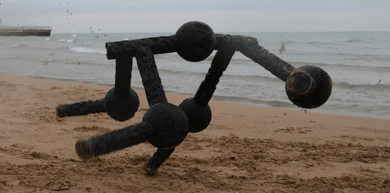 A quadruped robot with five modules takes a wander on the beach.