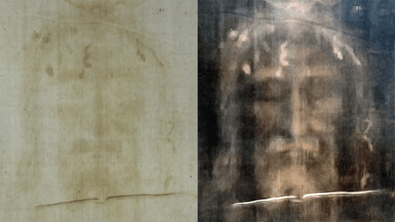 The Shroud of Turin; a ghostly image of a face on cloth.