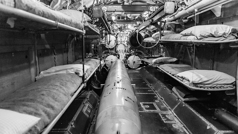 Interior of the torpedo room of a World War II German U-Boat.