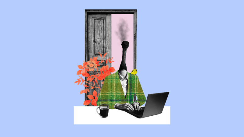 a writer at their desk is burnt out, as demonstrated by the burnt match where their head is supposed to be