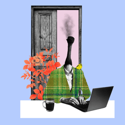a writer at their desk is burnt out, as demonstrated by the burnt match where their head is supposed to be